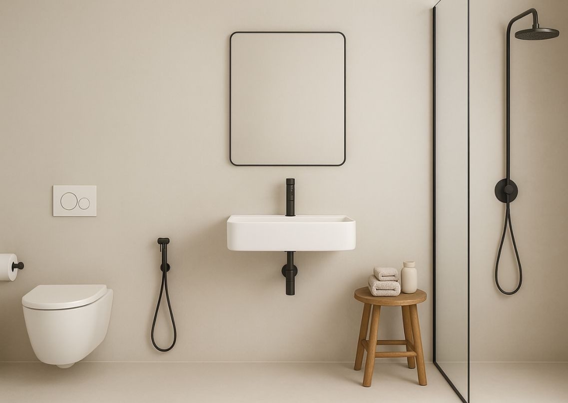 Minimalist bathroom with beige tiles and black fixtures - Beautiful Homes