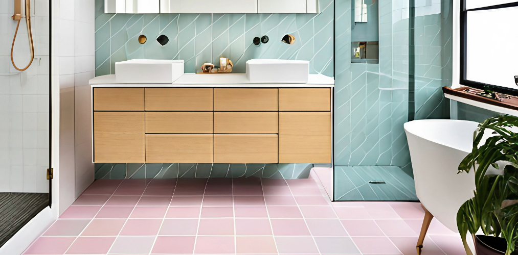 Minimalist bathroom with pastel pink bathroom floor tiles-Beautiful Homes