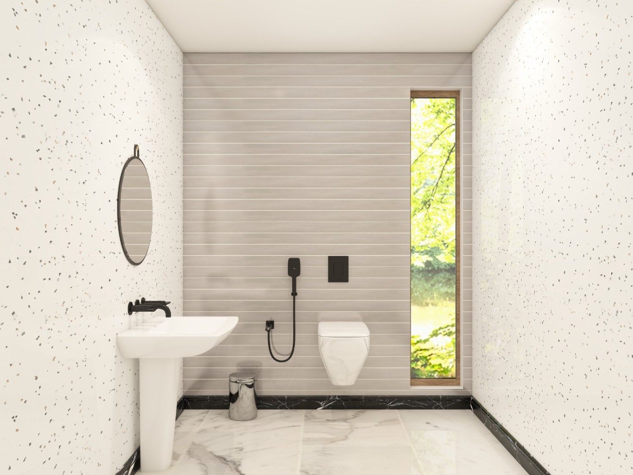 Minimalist bathroom with pedestal wash basin and fixed window - Beautiful Homes