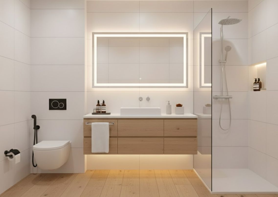Bathroom with floating vanity and walk-in shower - Beautiful Homes