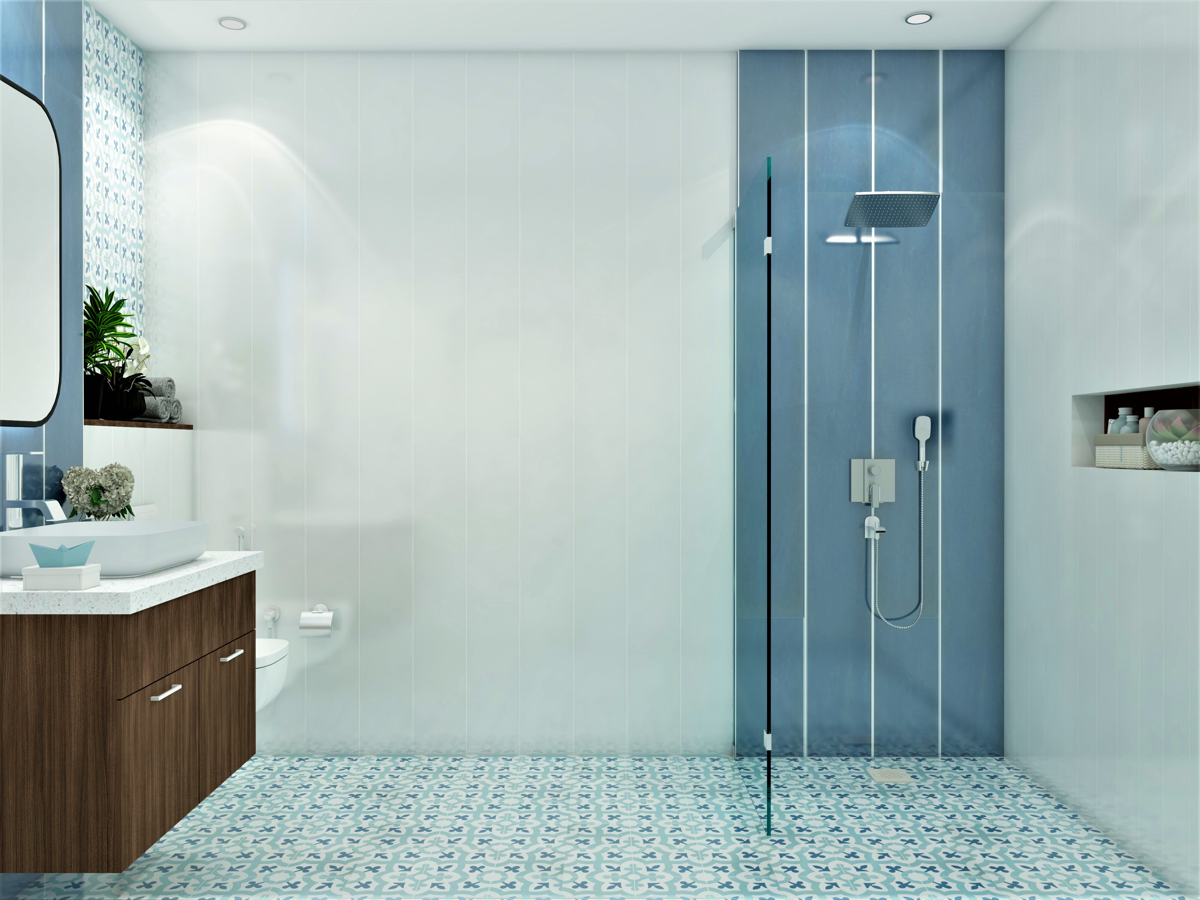 Blue and white bathroom with shower panel and designer tiles-Beautiful Homes