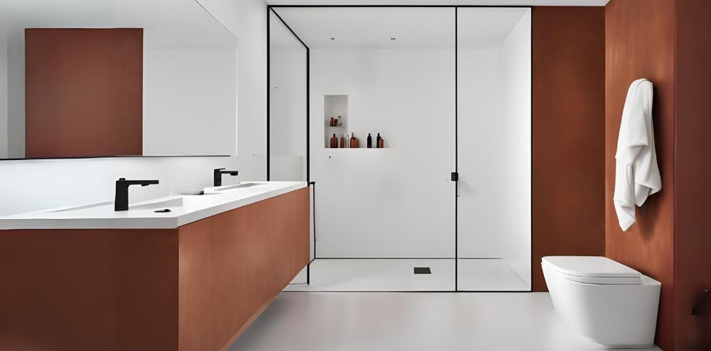 Minimalistic rust and white bathroom with shower niche - Beautiful Homes