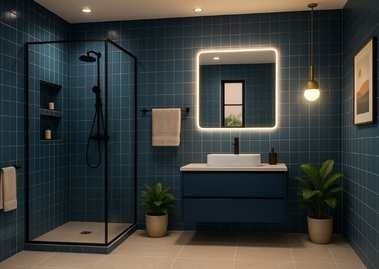 Bathroom with blue tiles and glass shower enclosure - Beautiful Homes