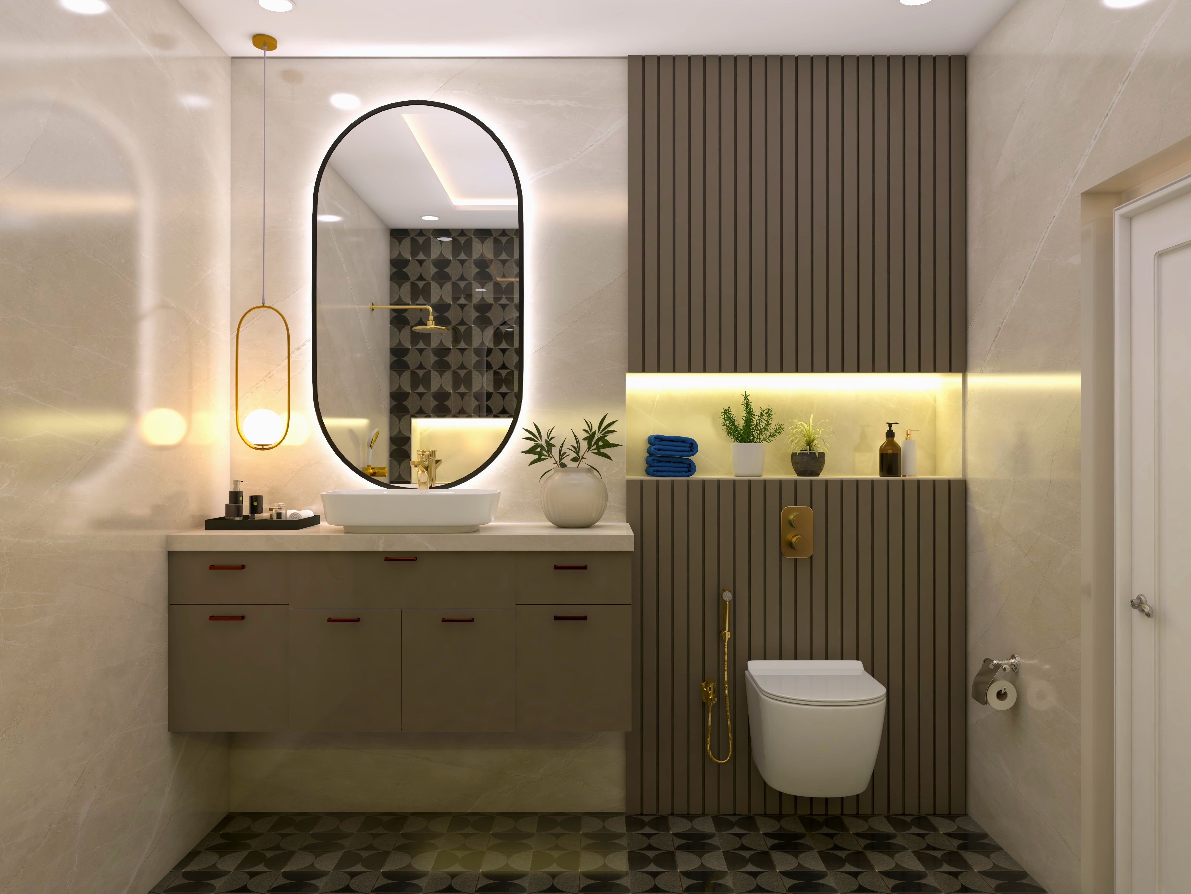 Modern bathroom design with fluted paneling and capsule vanity mirror - Beautiful Homes