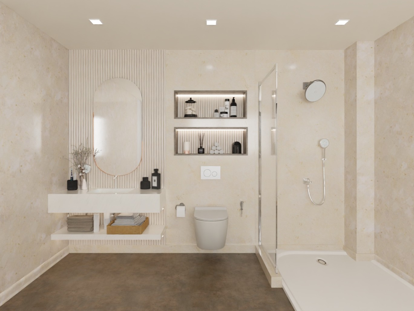 Modern bathroom with beige tiles and vanity - Beautiful Homes