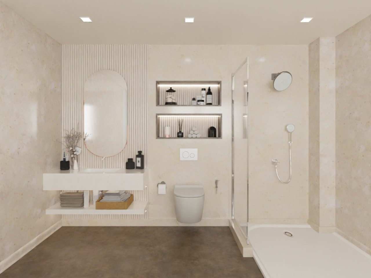 Modern bathroom with beige tiles and vanity - Beautiful Homes