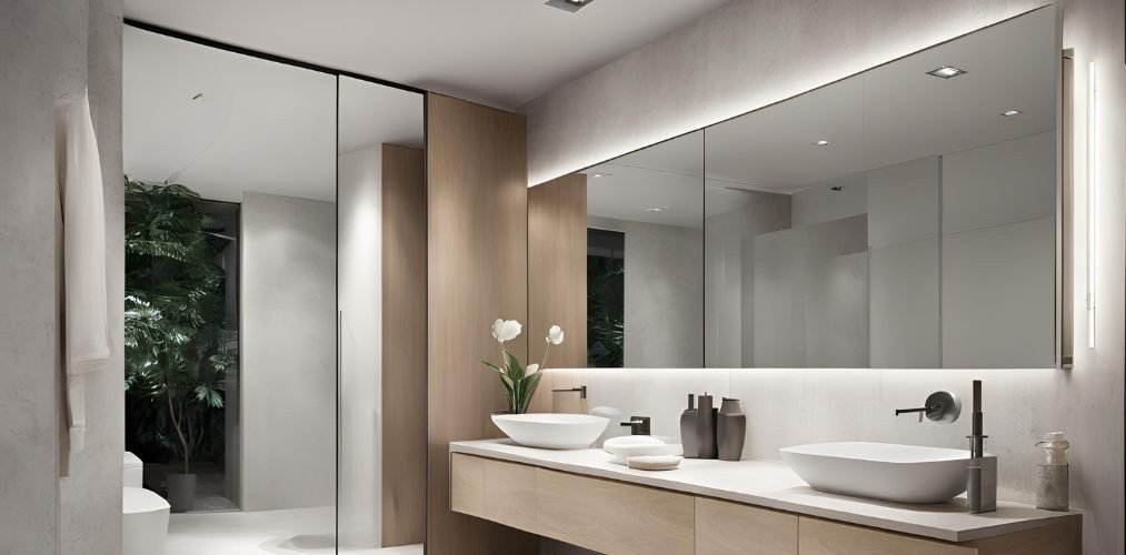 Modern bathroom design with full wall mirror - Beautiful Homes