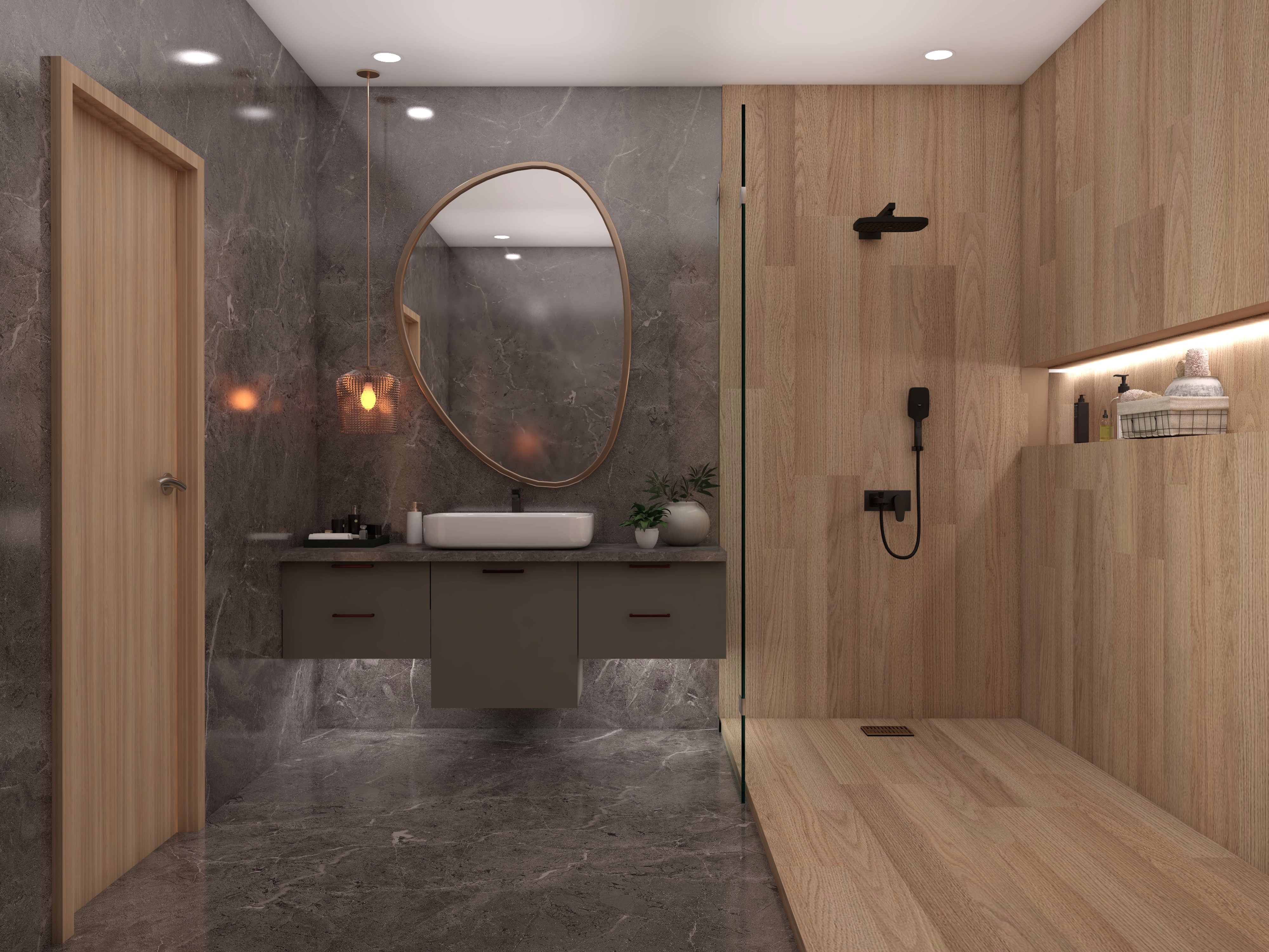 Elegant bathroom with wood and marble finishes - Beautiful Homes