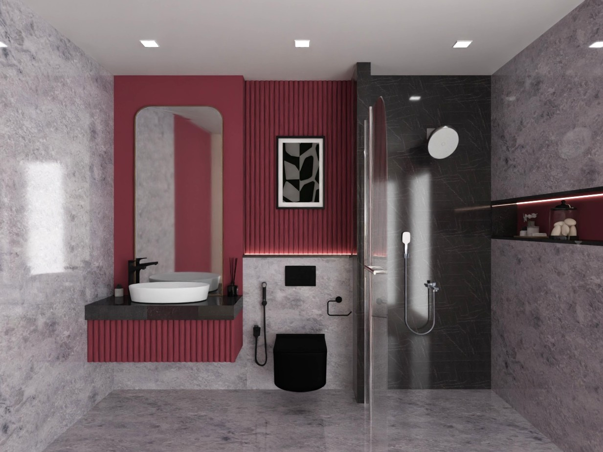 Bathroom with red wall, grey tiles, and glass shower - Beautiful Homes
