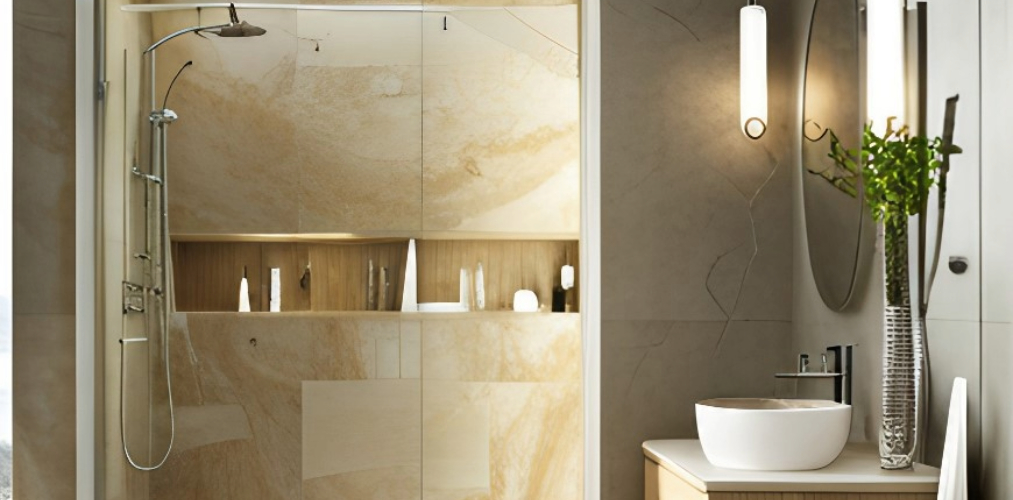 Modern bathroom with beige tiles for glass shower panel-Beautiful Homes