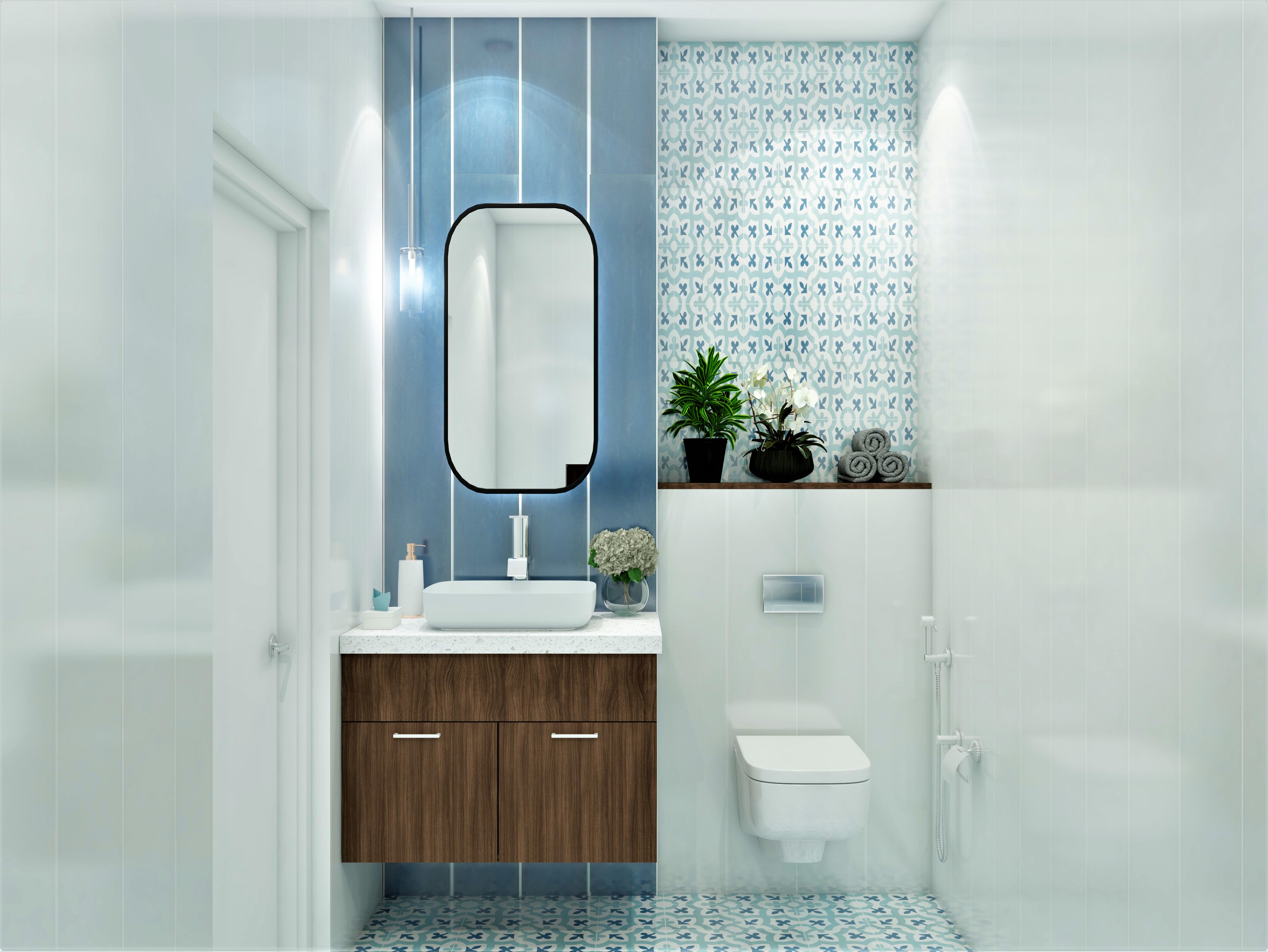 Blue and white bathroom with wall mounted vanity and designer tiles-Beautiful Homes