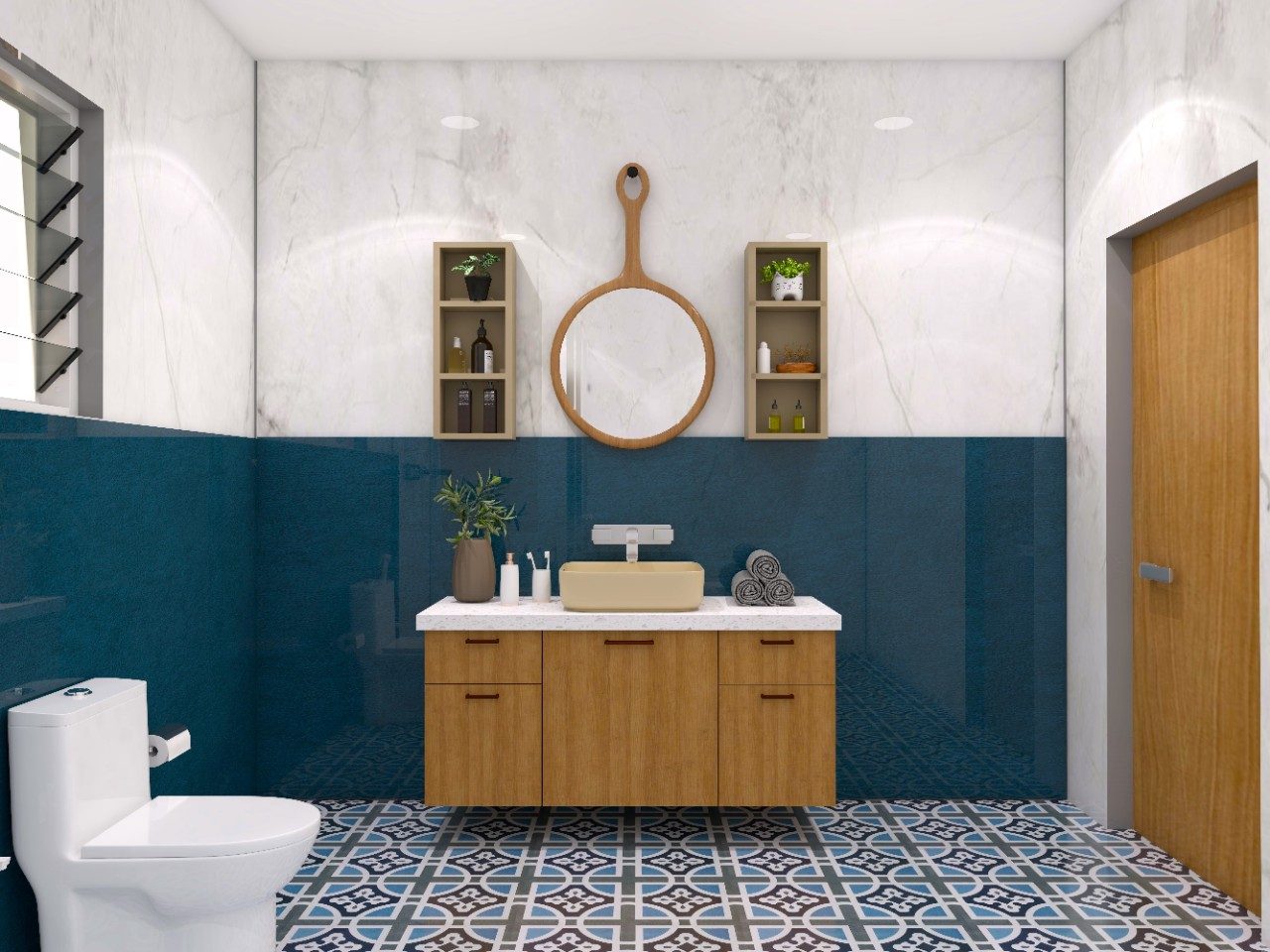 White and blue bathroom with wooden vanity and wall shelves-Beautiful Homes