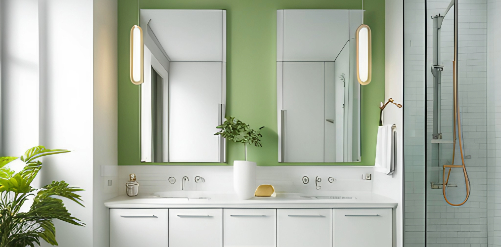Modern bathroom design with white and pastel green tiles-Beautiful Homes