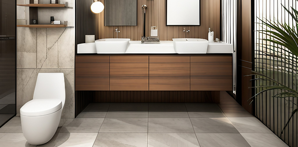 Bathroom design with beige bathroom tiles,wash basin and wooden cabinets-Beautiful Homes