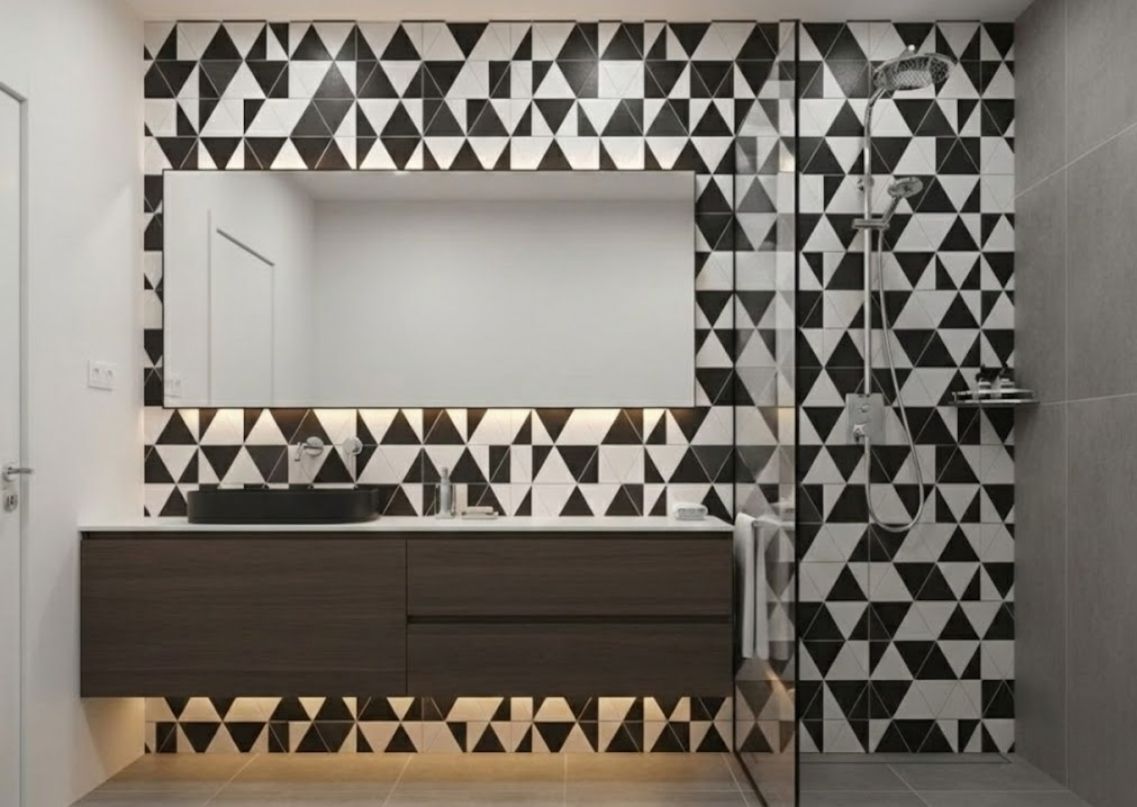 Bathroom with geometric tiles and floating vanity - Beautiful Homes
