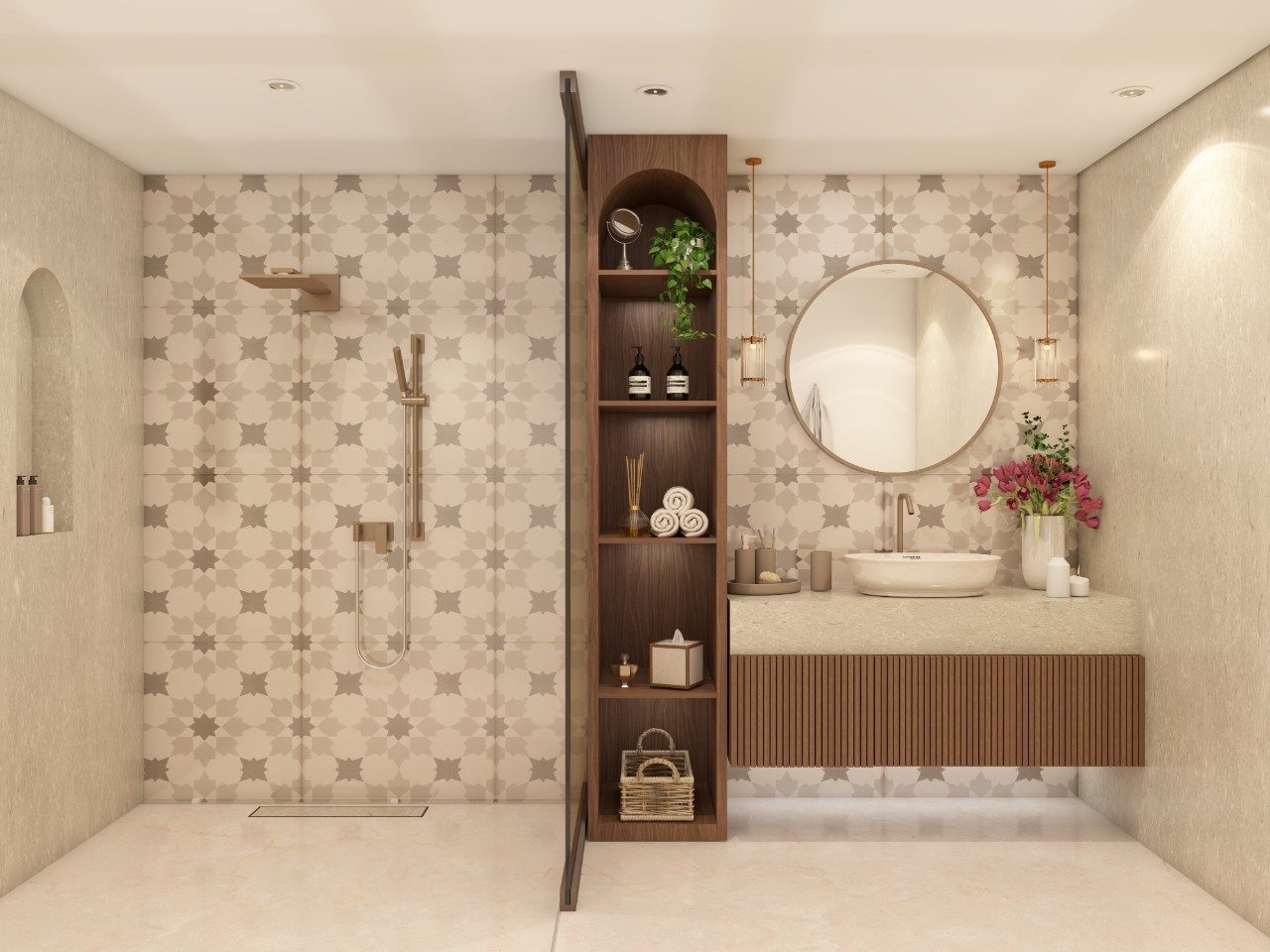 Modern bathroom with Asian Paints wall tiles and white teak pendant lights - Beautiful Homes