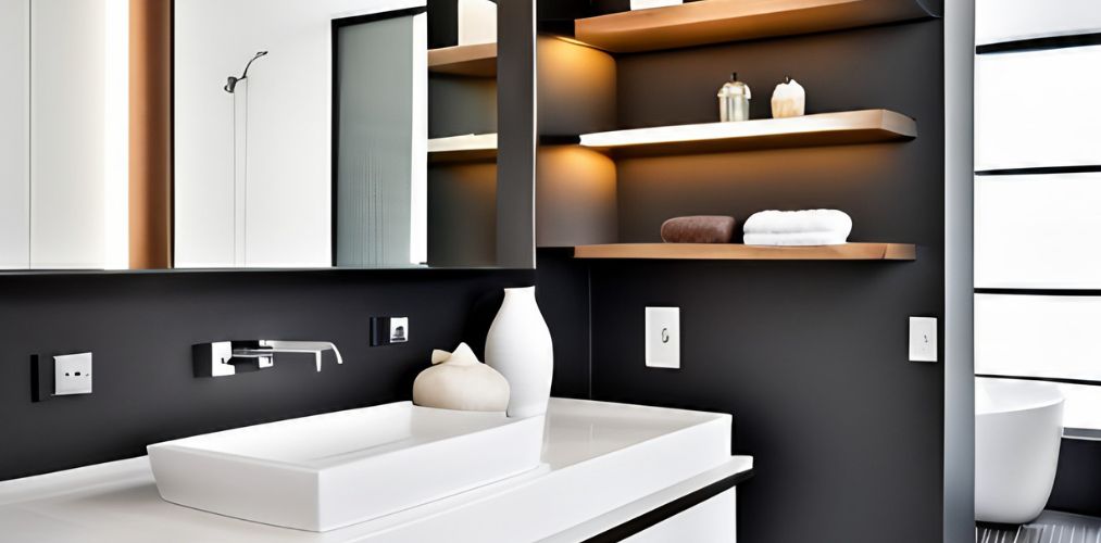 Modern bathroom with bathroom shelf and bathroom sink-Beautiful Homes