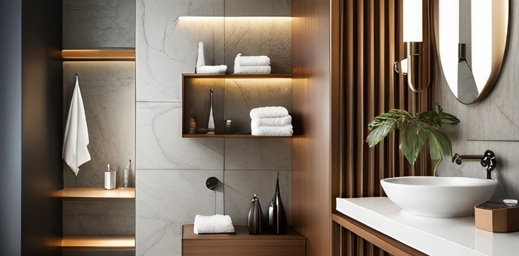 Modern bathroom with wooden shelves and towel hanger-Beautiful Homes