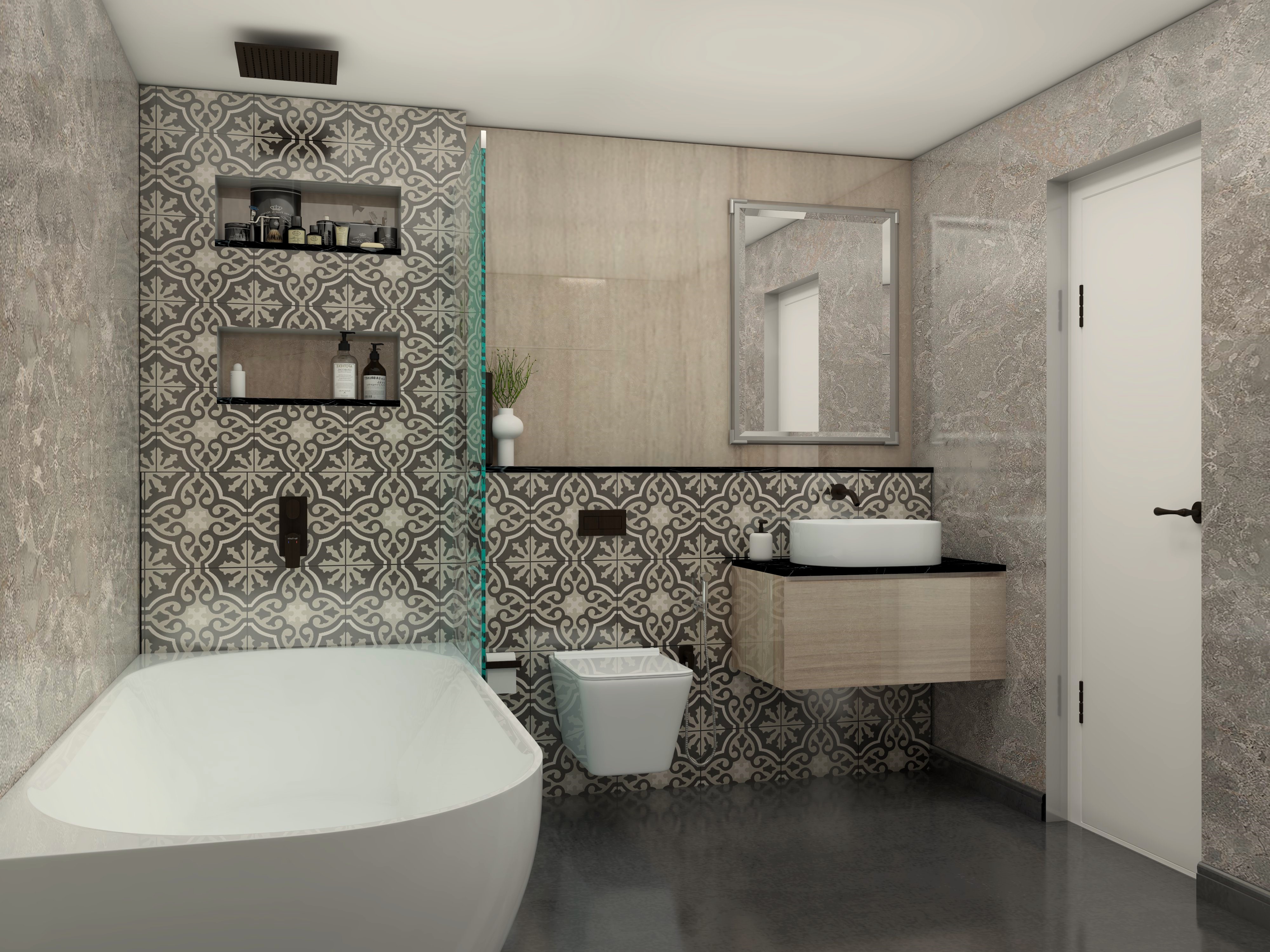Modern bathroom with beige and brown printed tiles - Beautiful Homes