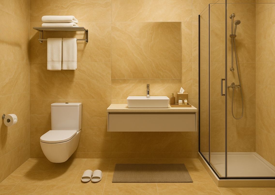 Beige bathroom with walk-in shower and basin - Beautiful Homes