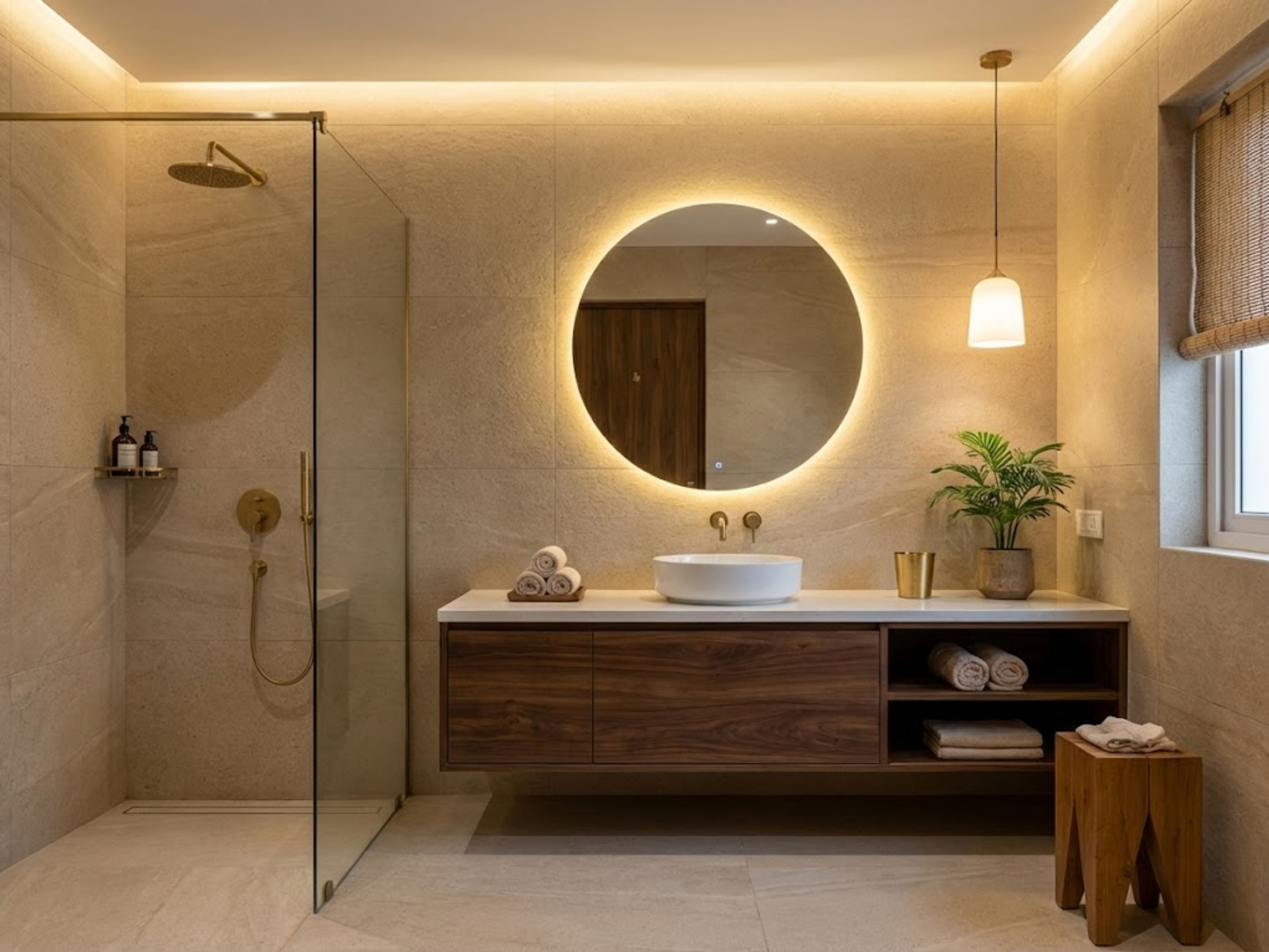 Bathroom with wooden vanity and backlit mirror - Beautiful Homes