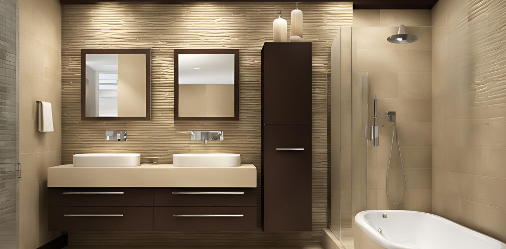 Modern bathroom with beige wall tiles and dark wooden cabinet - Beautiful Homes