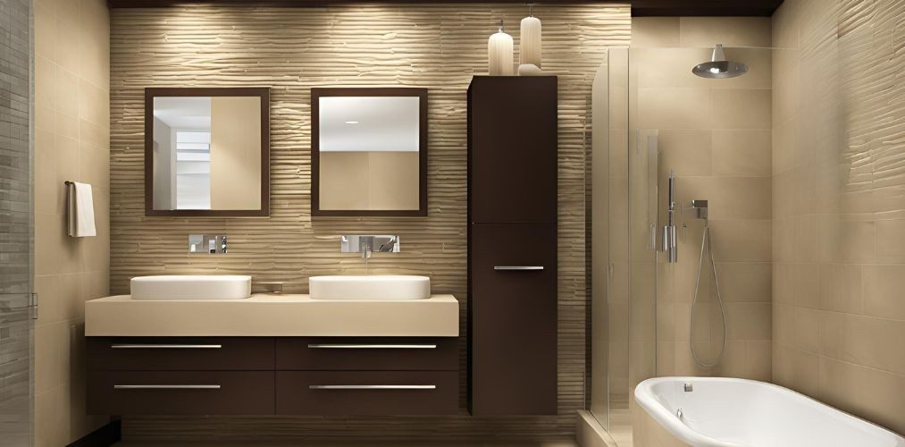 Modern bathroom with beige wall tiles and dark wooden cabinet - Beautiful Homes