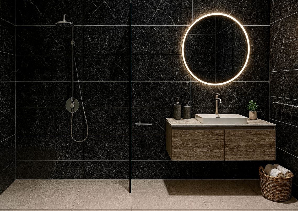 Bathroom with black tiles and floating vanity - Beautiful Homes