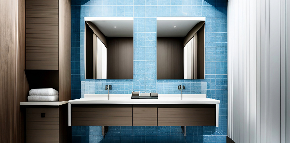 Modern bathroom with blue mosaic tiles and wooden vanity unit-Beautiful Homes