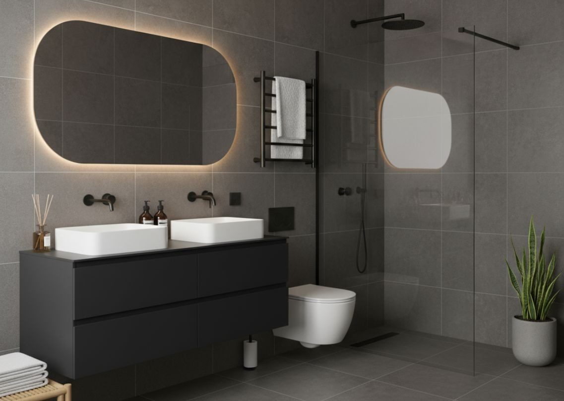 Bathroom with grey tiles and black fixtures - Beautiful Homes