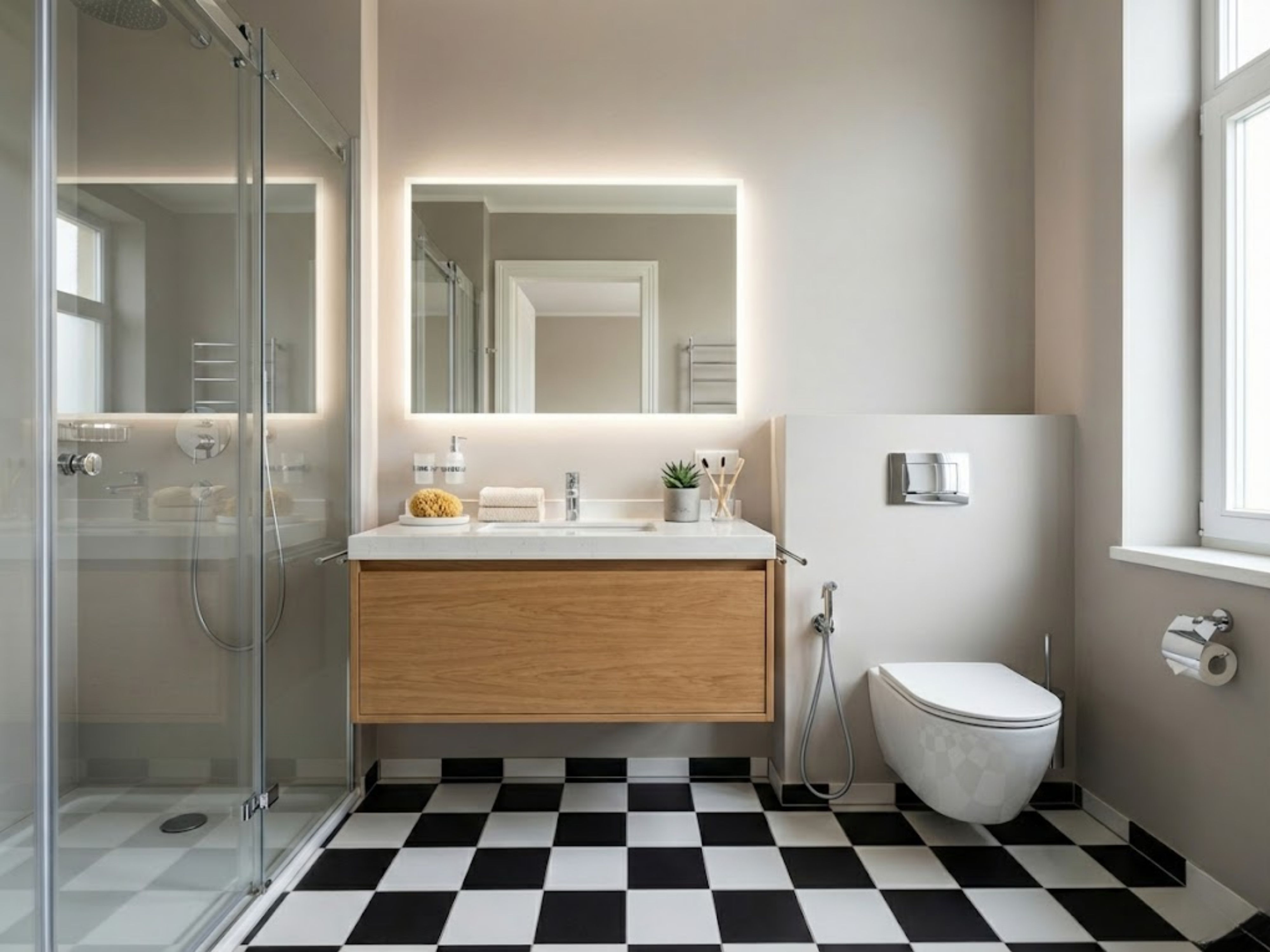 Bathroom with checkered tiles and wooden vanity - Beautiful Homes