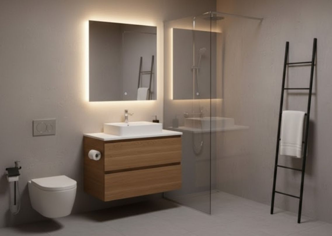 Bathroom with wooden vanity and glass shower - Beautiful Homes