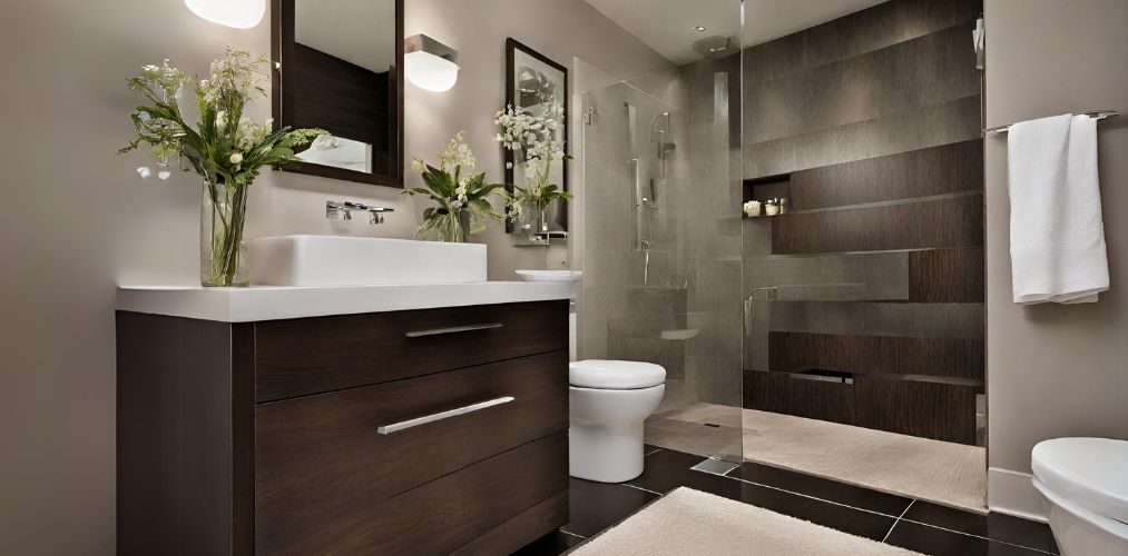 Modern bathroom with dark wood cabinet and brown wall tiles - Beautiful Homes