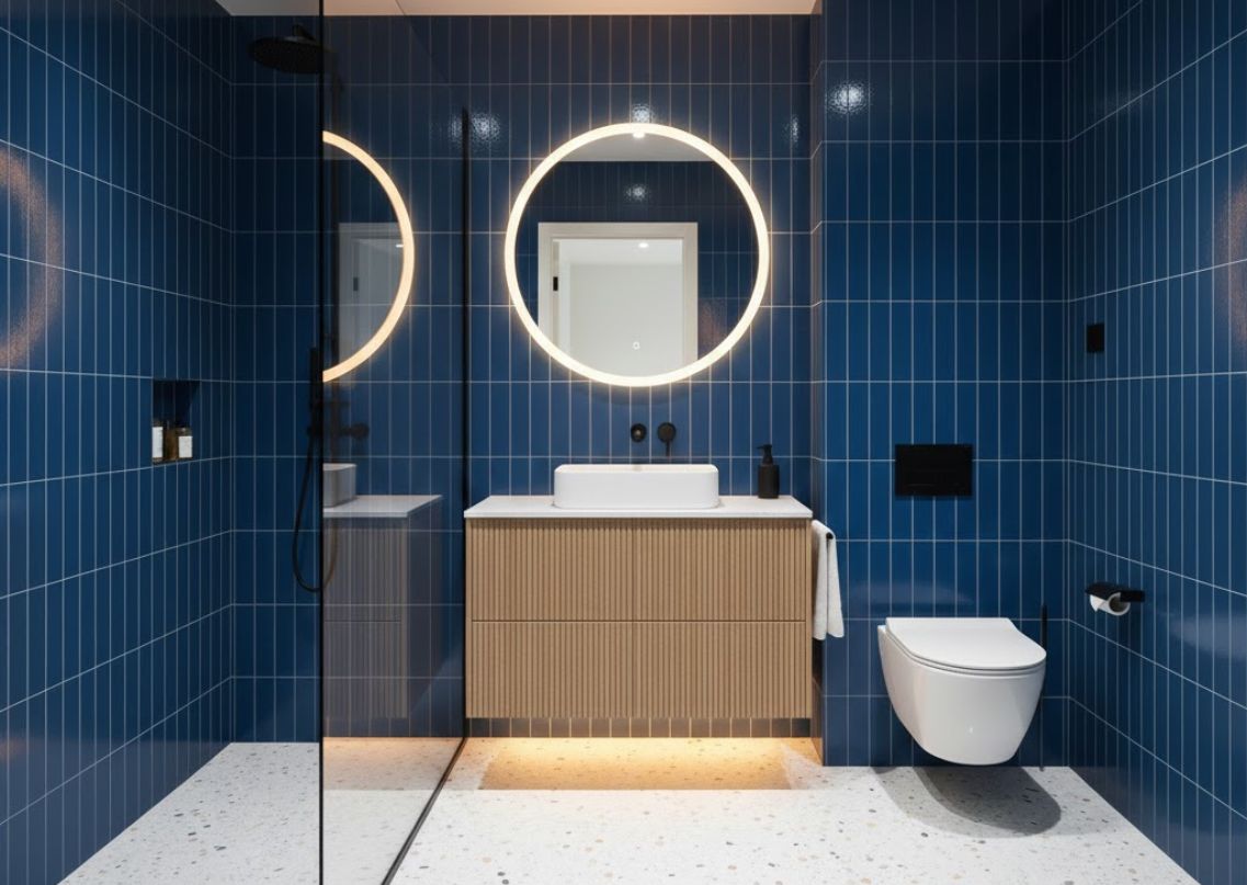 Bathroom with blue tiles and floating vanity - Beautiful Homes