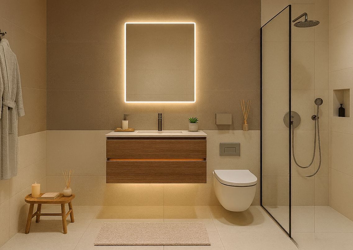 Modern bathroom with beige tiles and LED mirror - Beautiful Homes