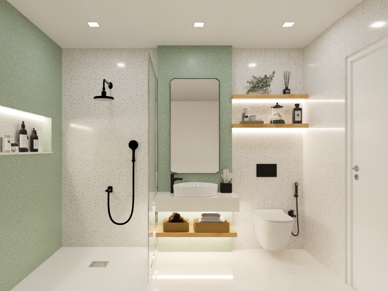 Minimalist bathroom with green tiles and floating vanity - Beautiful Homes