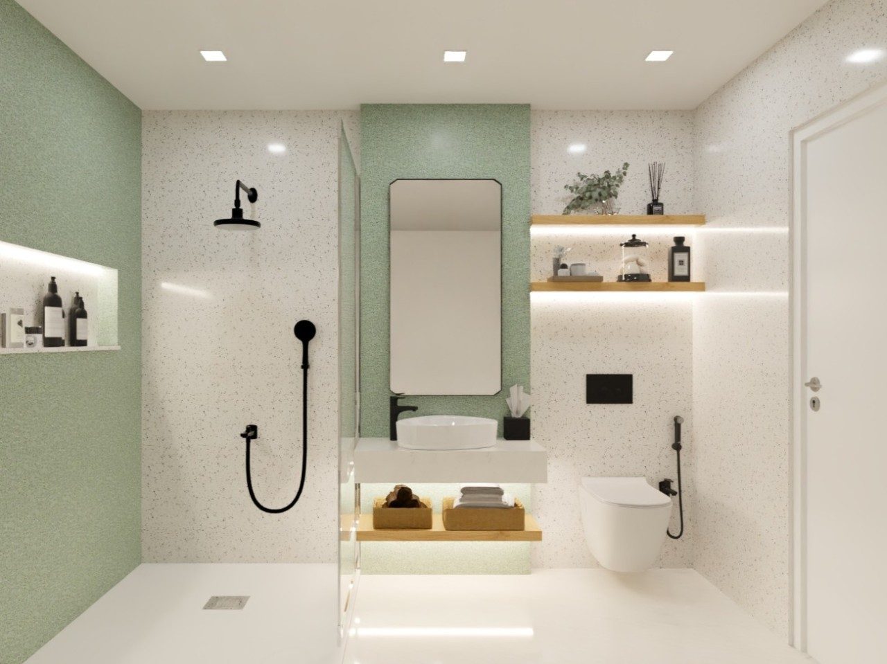 Minimalist bathroom with green tiles and floating vanity - Beautiful Homes
