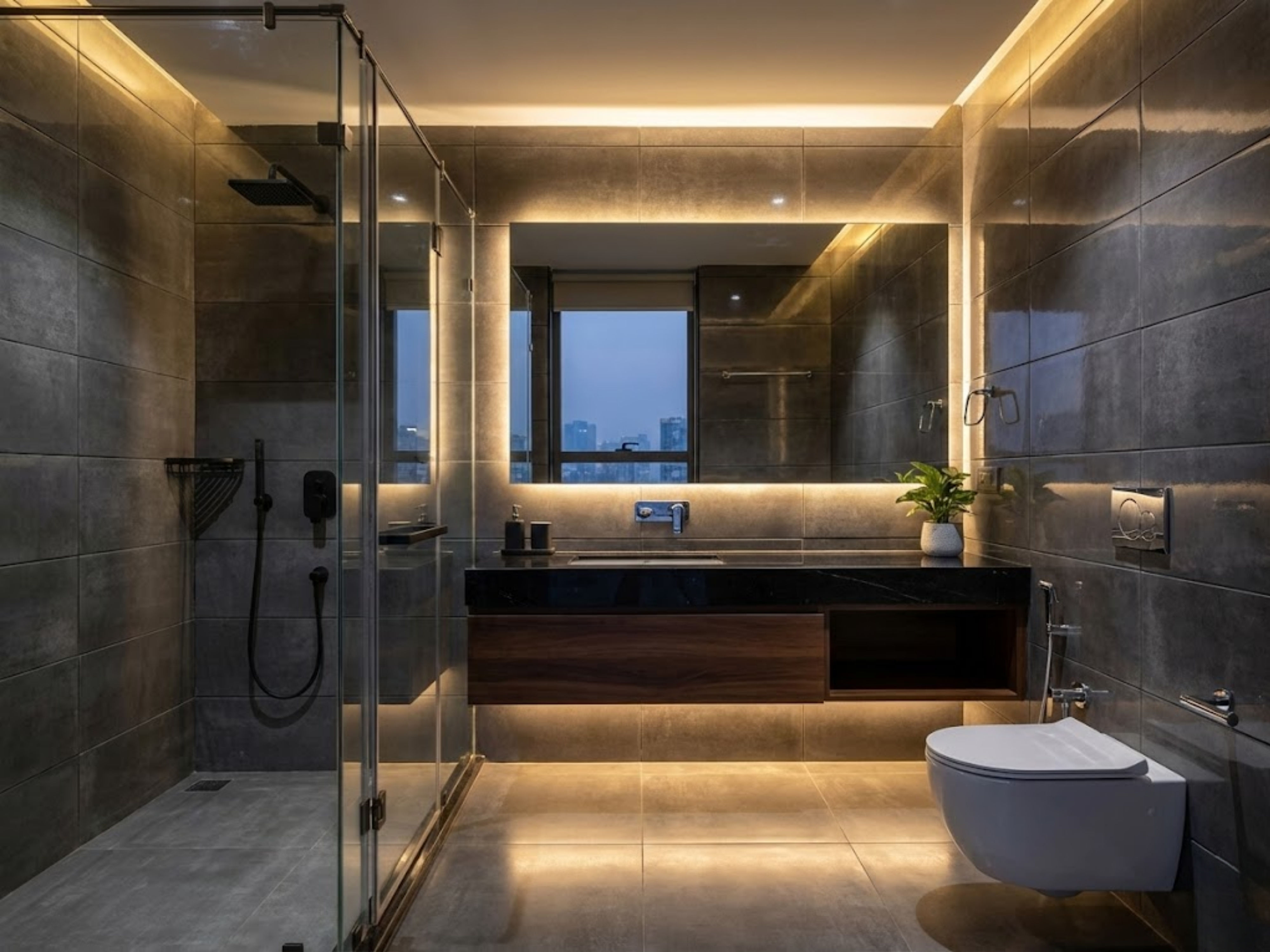 Modern bathroom with floating vanity and glass shower - Beautiful Homes