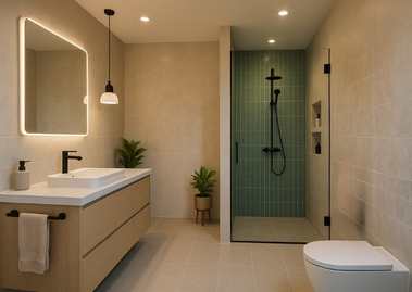 Modern bathroom with green shower and beige vanity - Beautiful Homes