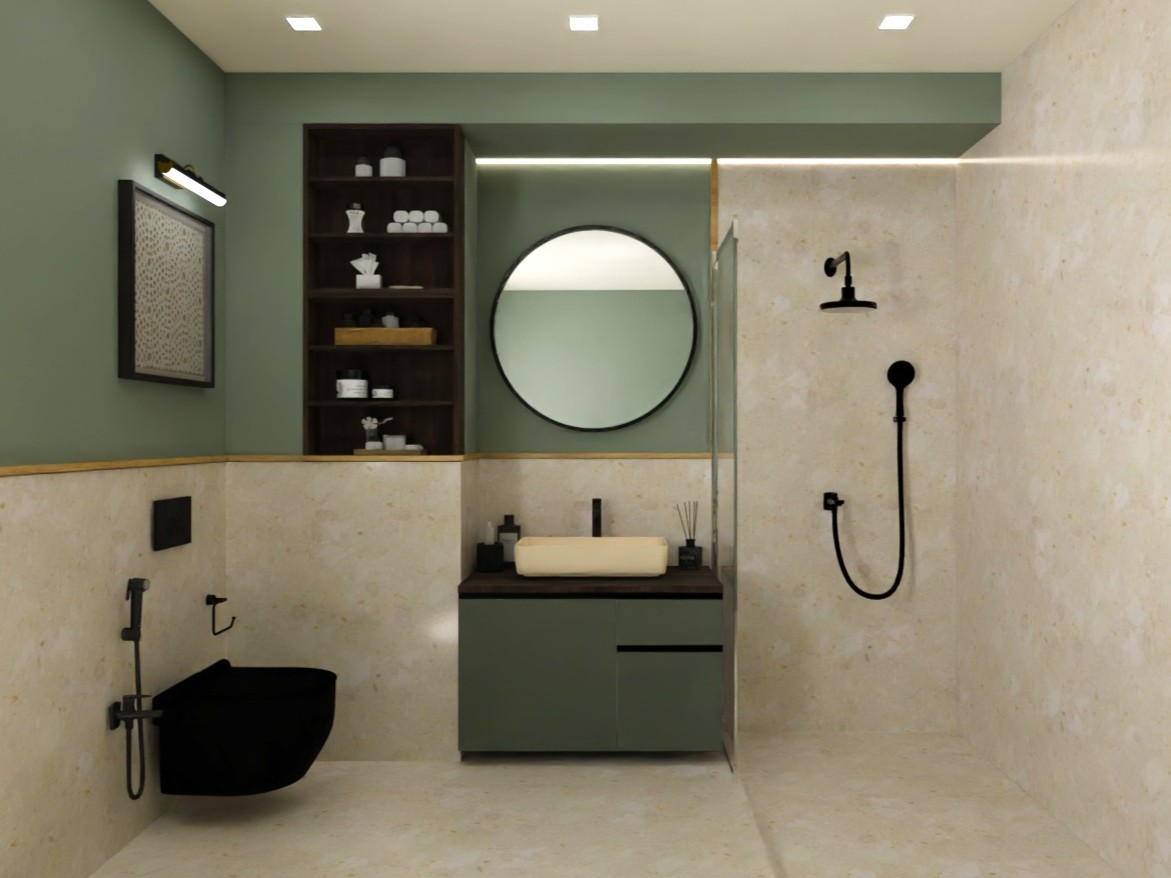 Modern bathroom with green vanity and black fittings - Beautiful Homes