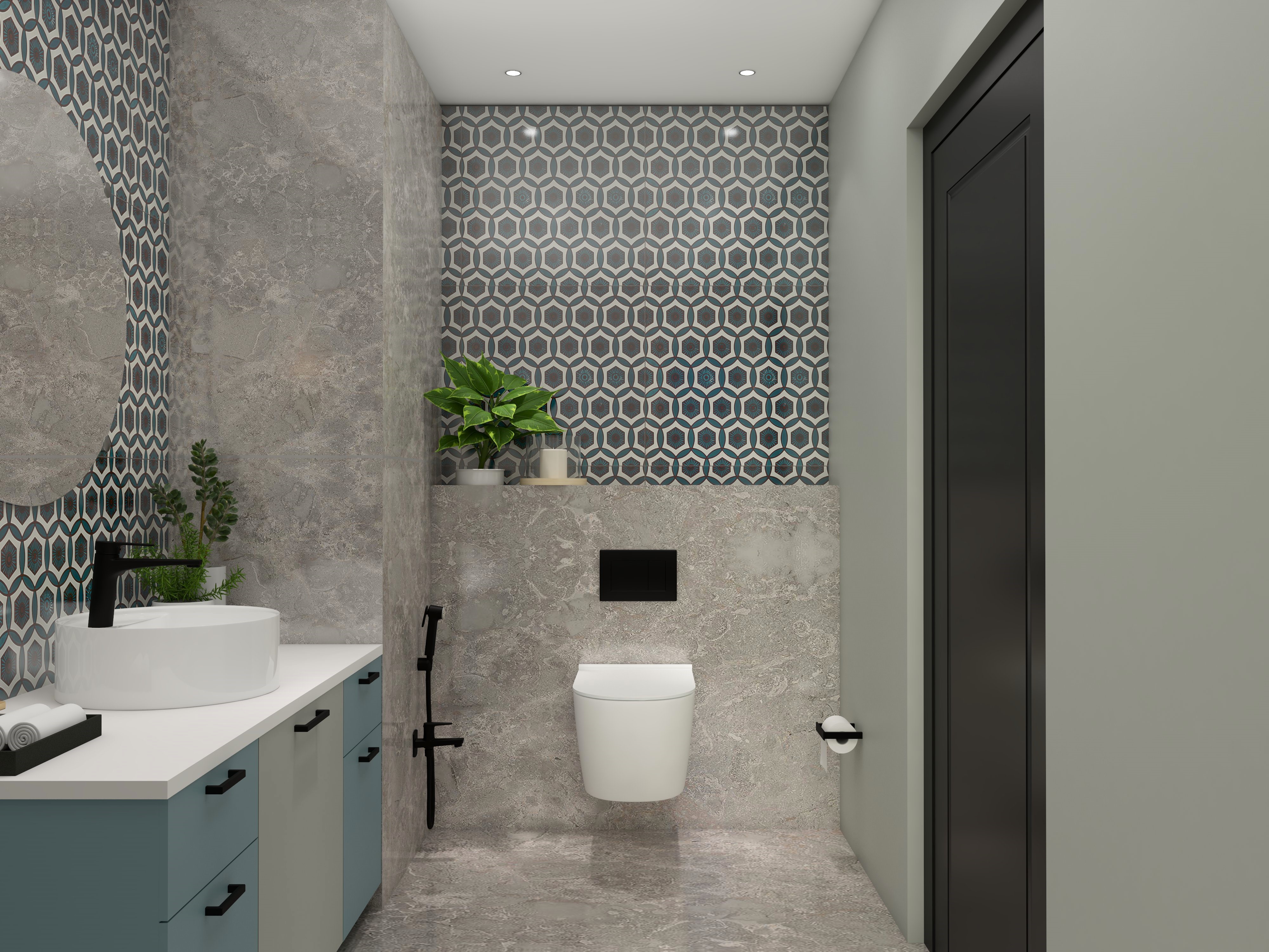 Modern bathroom with grey marble and printed tiles-Beautiful Homes