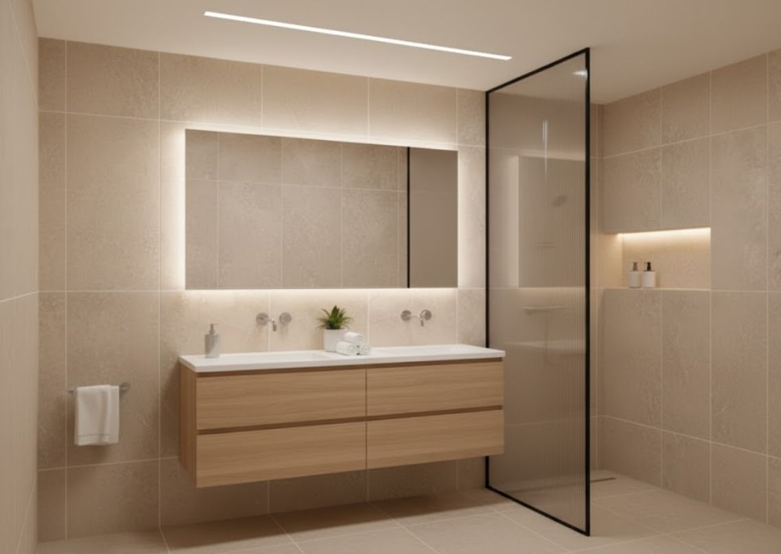 Bathroom with wooden vanity and glass shower partition - Beautiful Homes