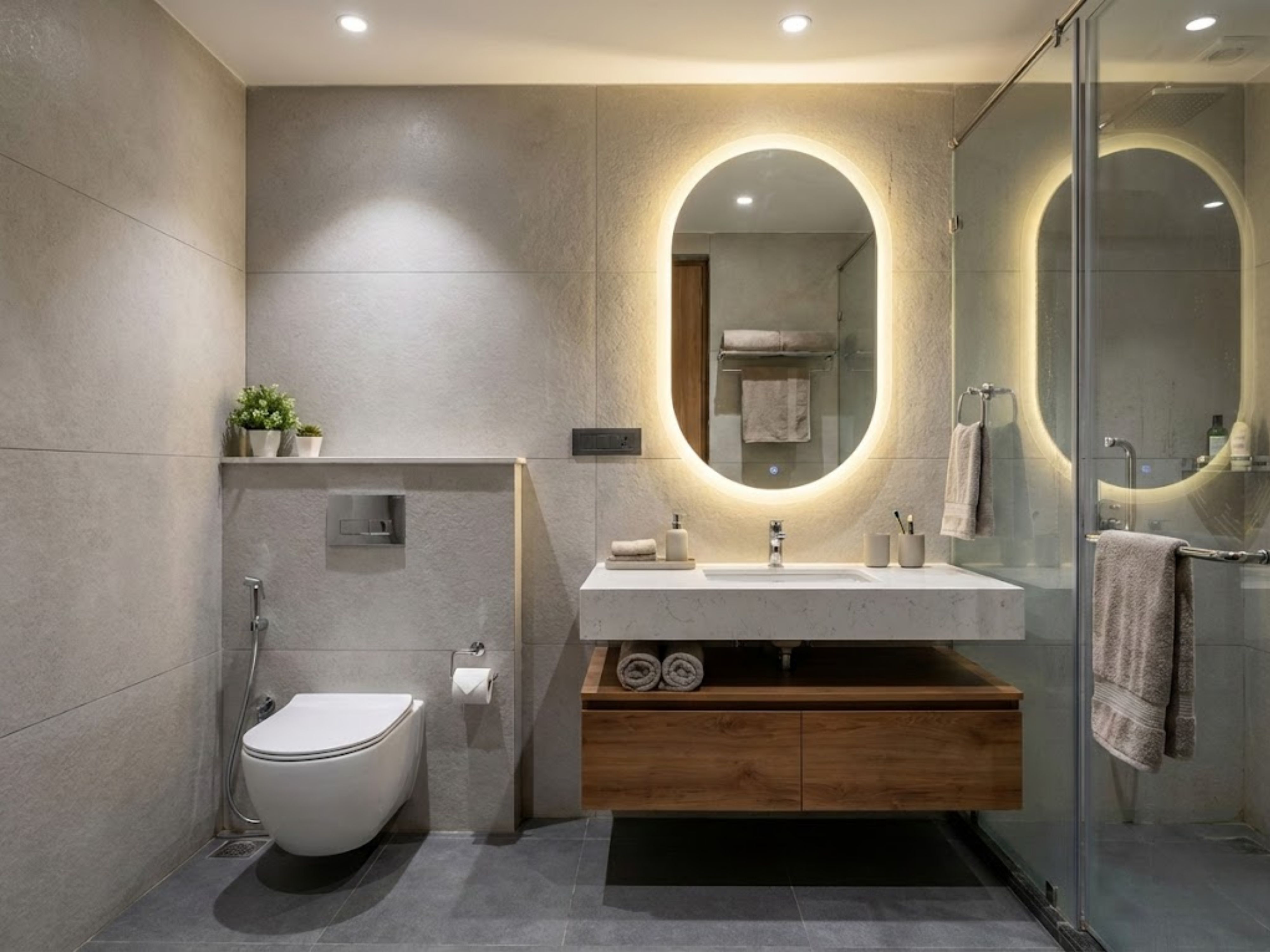 Bathroom with LED mirror and floating vanity - Beautiful Homes