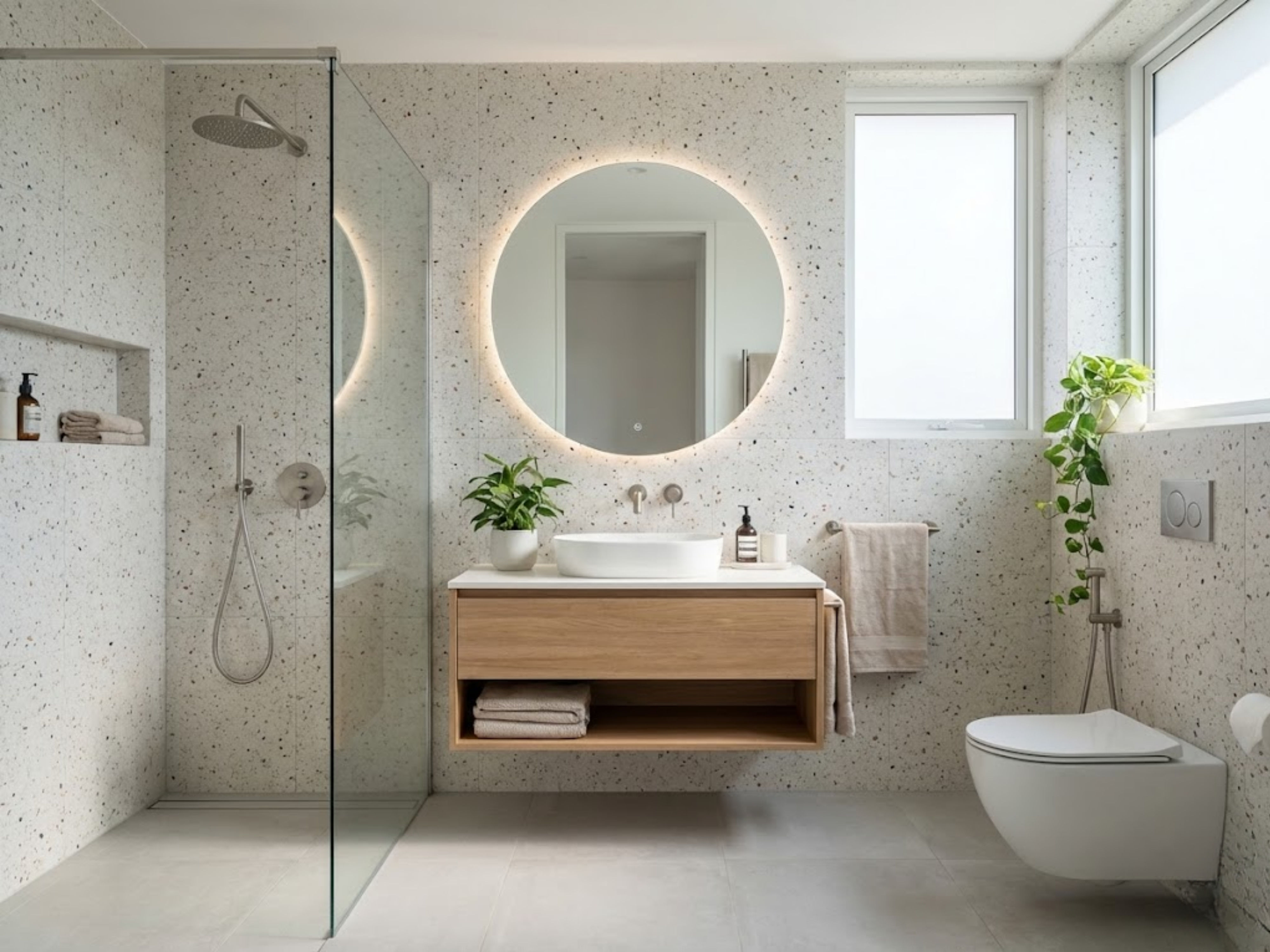 Modern bathroom with terrazzo tiles and glass shower - Beautiful Homes