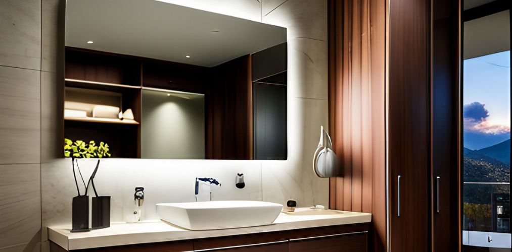 Modern bathroom with lighted cabinet mirror and countertop basin-Beautiful Homes
