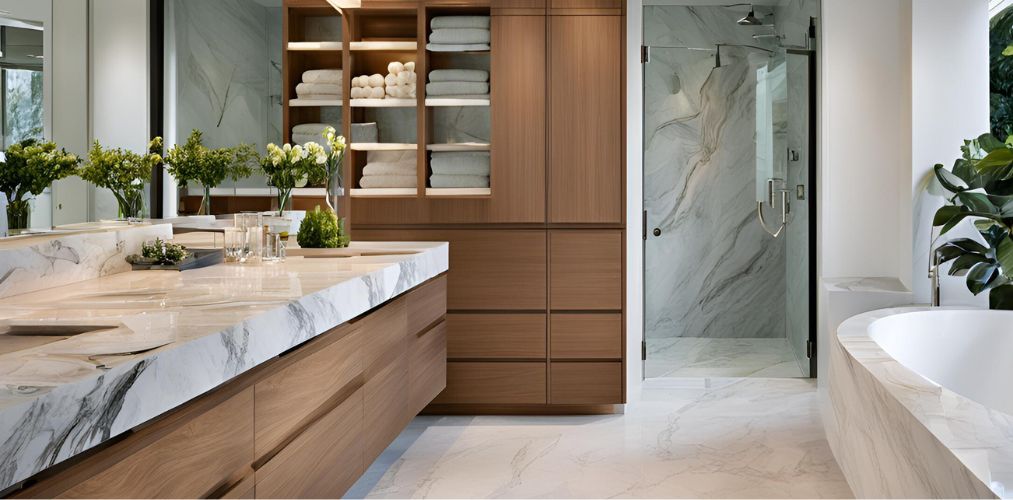 Modern bathroom with marble countertop and wooden storage - Beautiful Homes