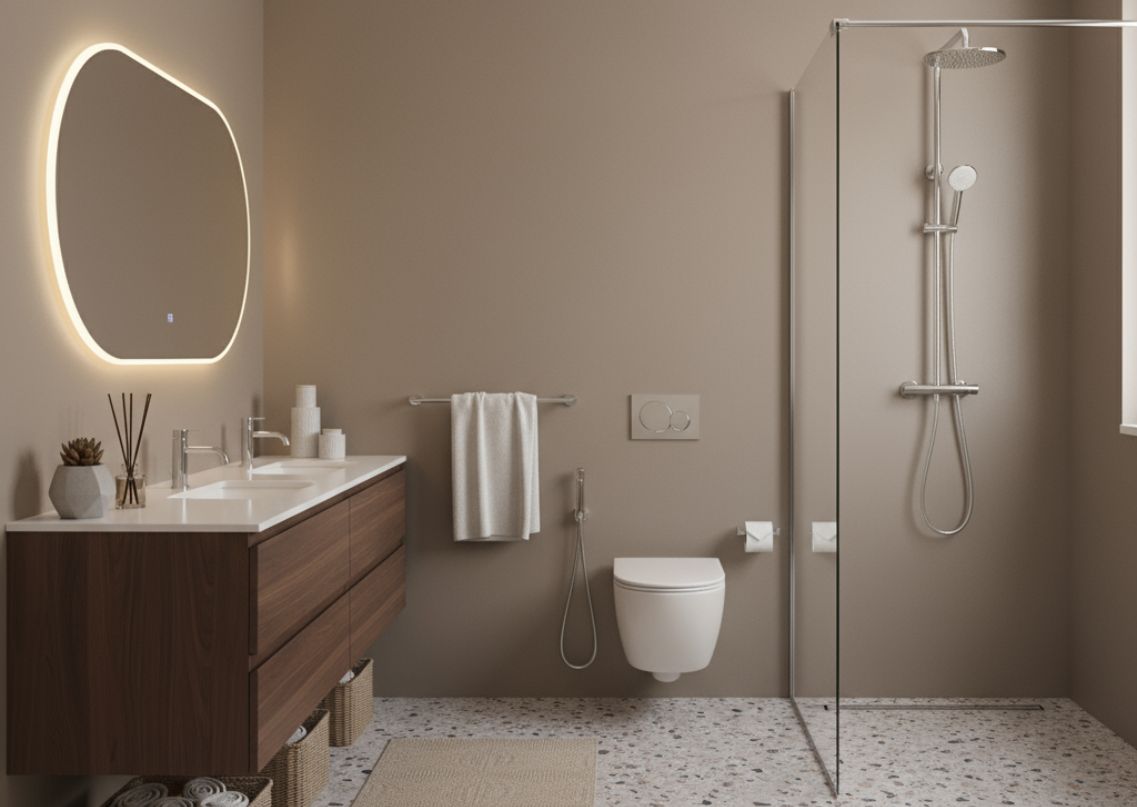 Elegant beige bathroom with modern fixtures - Beautiful Homes