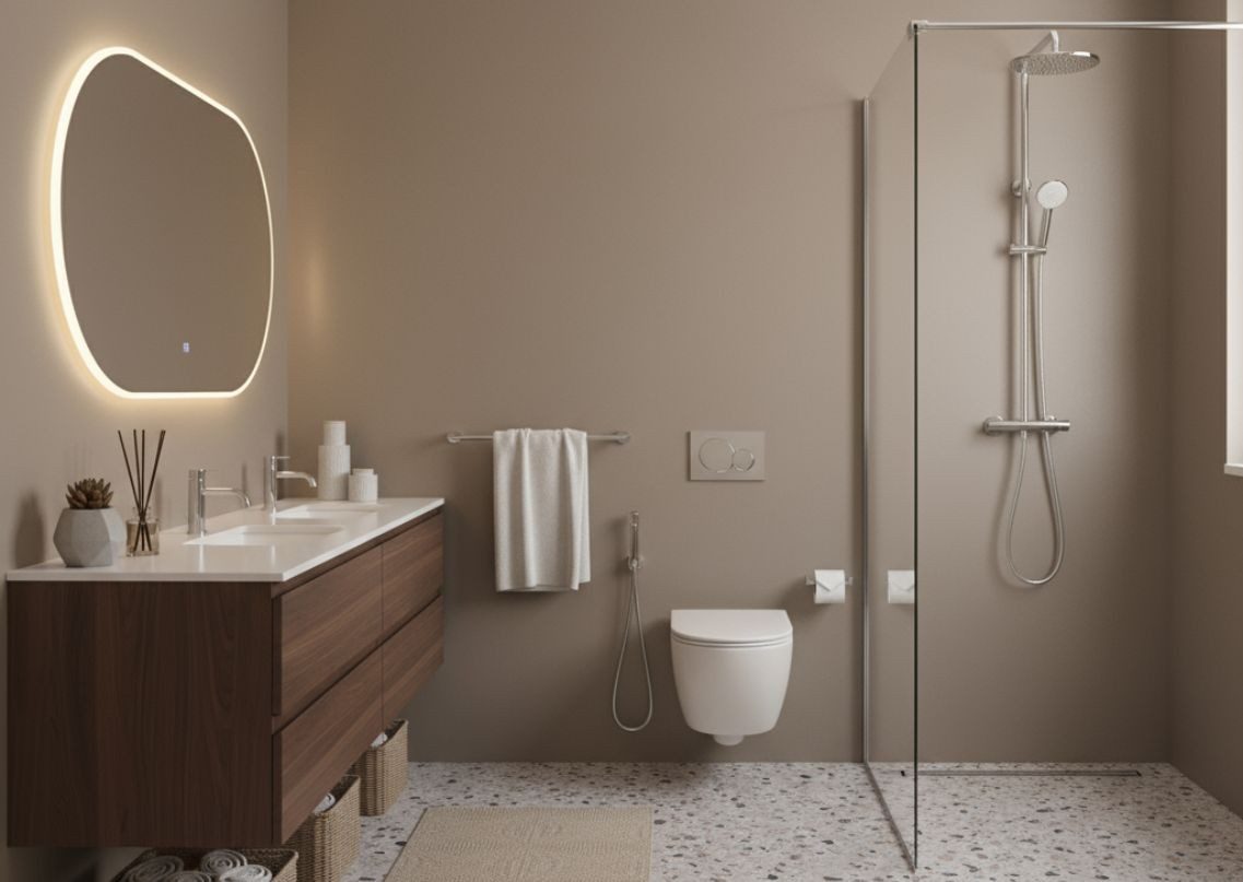 Elegant beige bathroom with modern fixtures - Beautiful Homes