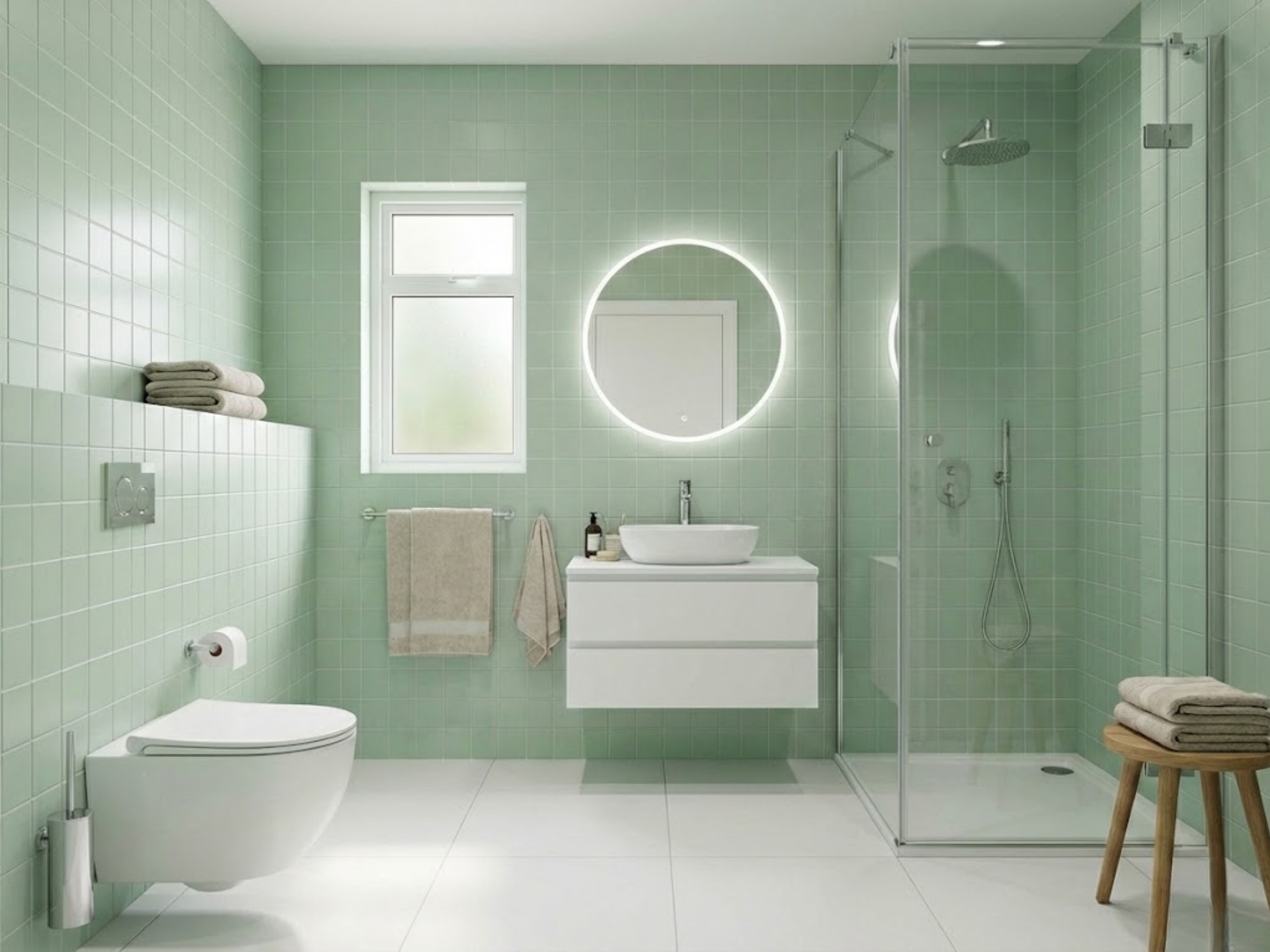 Modern bathroom with green tiles and glass shower - Beautiful Homes