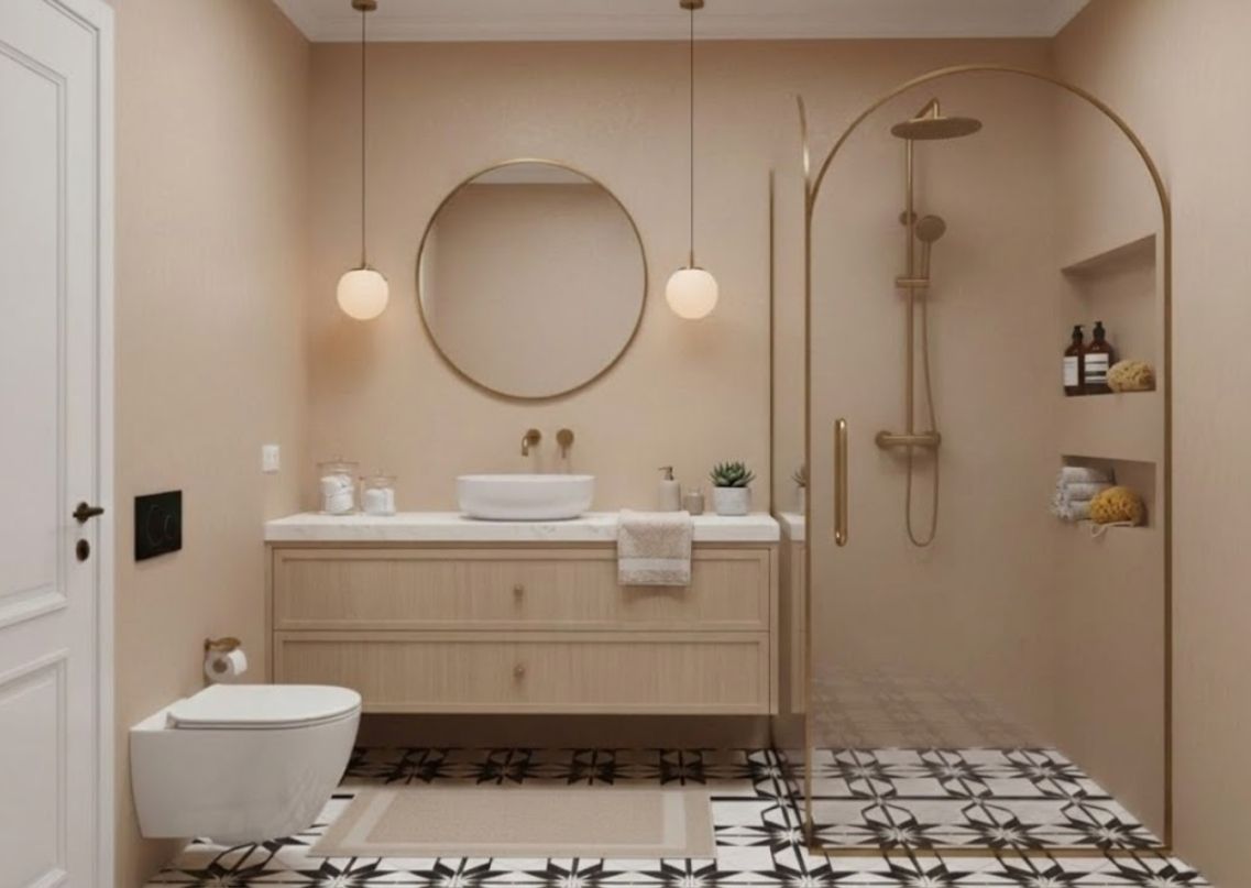 Modern bathroom with gold fittings and round mirror - Beautiful Homes